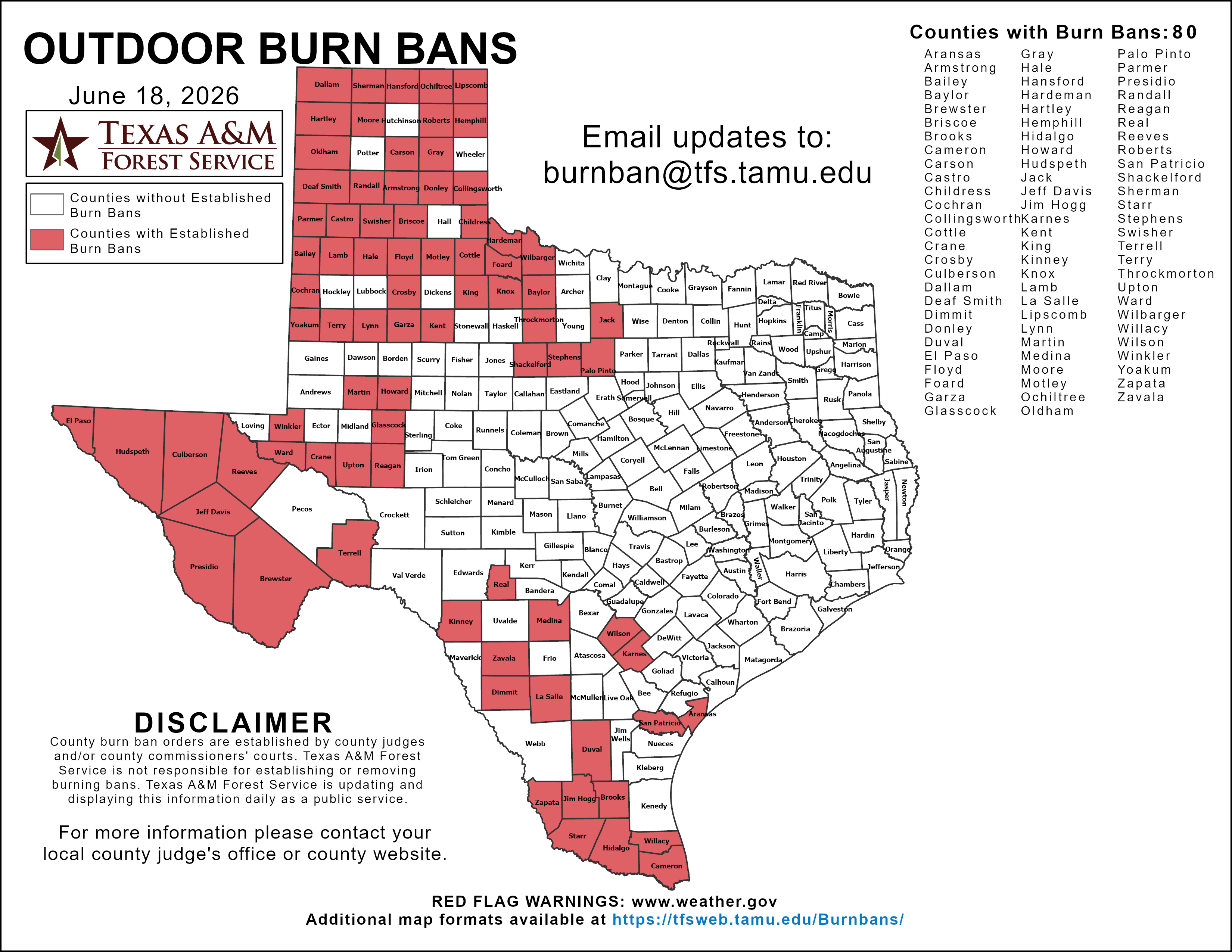 Official Texas A&M Forest Service burn-ban map